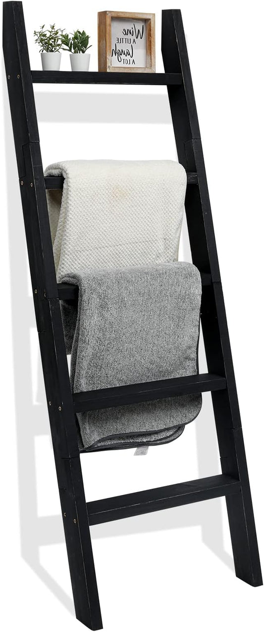 FUIN 5ft (58") Wood Blanket Ladder Living Room Decorative Wall Leaning Farmhouse Quilt Display Holder Shelf Rustic Wooden Towel Rack for Bathroom, Black
