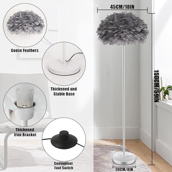 59INCH Feather Floor Lamp,Gray Goose Feather Lamp Elegant Standing Lamp for Living Room,Bedroom,Child's Room,Office,Apartment,Corner,Reading Nook,with Foot Pedal Switch