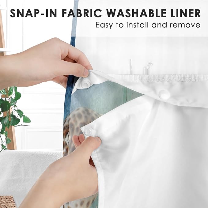 Sea Beach Green No Hook Shower Curtain with Snap in Liner, Shellfish Starfish Summer Bath Curtain with Double Layers Waterproof Fabric and Mesh Top Window 71x74 Inch