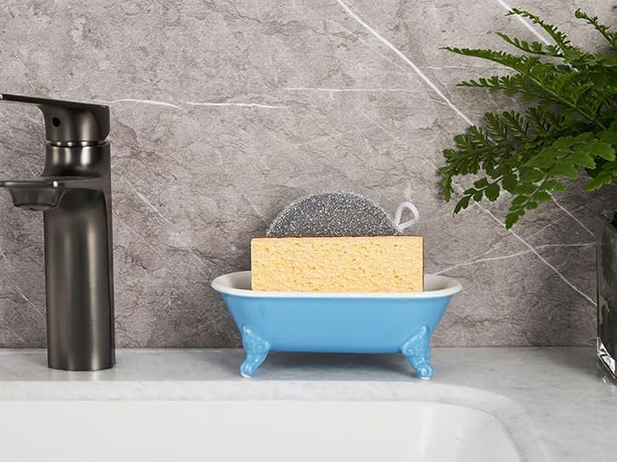 6.5" Ceramic Mini Decorative Clawfoot Bathtub Bar Soap Dish, Kitchen Sponge Holder and Shower Tray for Bathroom, 1 Pack(Pacific Blue)