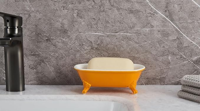 6.5" Ceramic Mini Decorative Clawfoot Bathtub Bar Soap Dish, Kitchen Sponge Holder and Shower Tray for Bathroom, 1 Pack(Golden Yellow)
