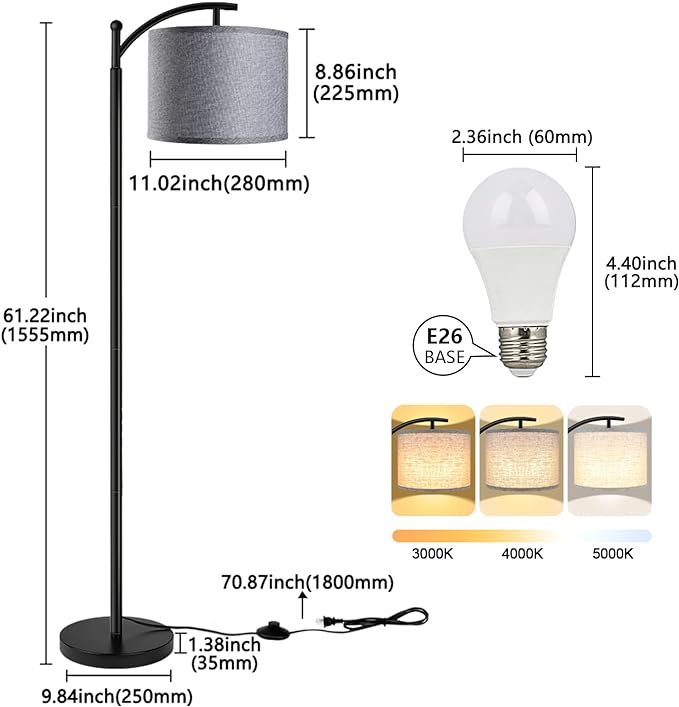 ROTTOGOON Floor Lamp with 3CCT LED Bulb, Gray Linen Lamp Shade for Living Room, Modern Standing Lamp for Bedrooms - Black