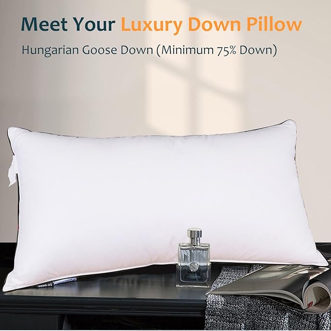 Hungarian Goose Down Pillow Standard Size, Ultimate Comfort 750+ Fill Power, 480 Thread Count 100% Cotton Shell, Luxury Bed Pillow for Sleeping - Standard (20" x 26")