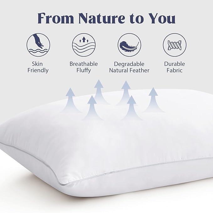 puredown® Goose Feather Bed Pillow with 100% Cotton Cover, 1 Pack, Standard Size Hotel Collection Pillow for Sleeping with Silver Piping