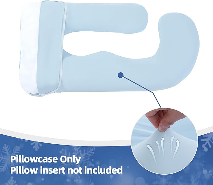 Cooling Pregnancy Pillow Cover (ONLY Pillowcase), Q-Max 0.4 U Shaped Luxurious Smooth Maternity Pillow Cover with Hidden Zip, Cool Large Pillow Protector for Side Hot Sleeper, Blue, 58x32 in