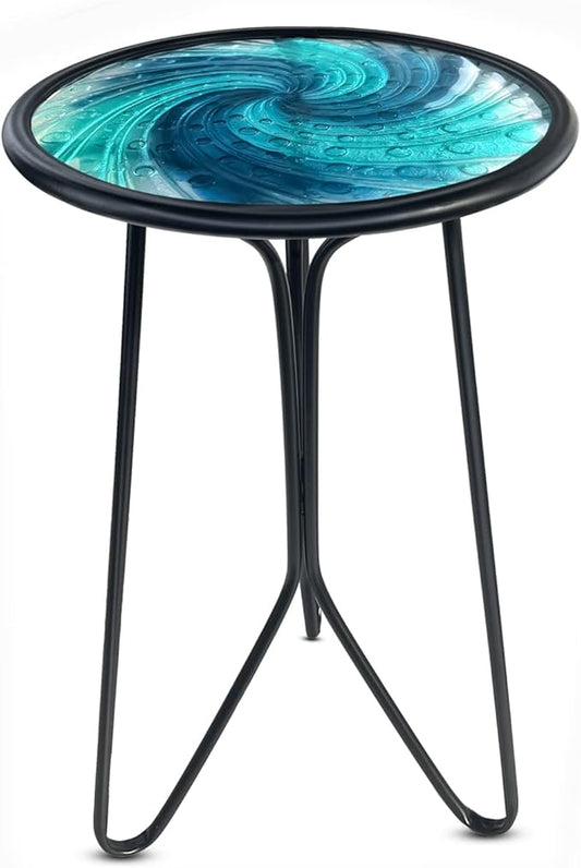LIFFY Patio Side Table, Small Round End Table, Metal Side Table Outdoor, Small Porch Table for Indoor Balcony Furniture Decor (Blue Glass 12inch)