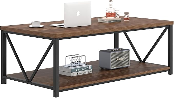 FOLUBAN Modern Coffee Table, Wood and Metal Center Table with Storage, Industrial Cocktail Table for Living Room, Rustic Walnut, 47 Inch