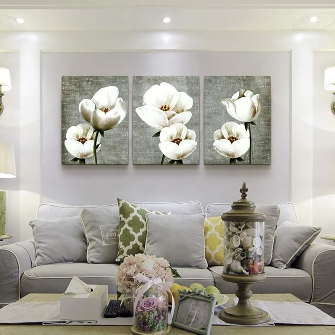 Living Room Wall Decor Canvas Wall Art For Bedroom Bathroom Wall Painting Artwork Gray Green Vintage Style White Flowers Abstract Pictures Wall Decorations For Kitchen 3 Panels Modern Family Decor