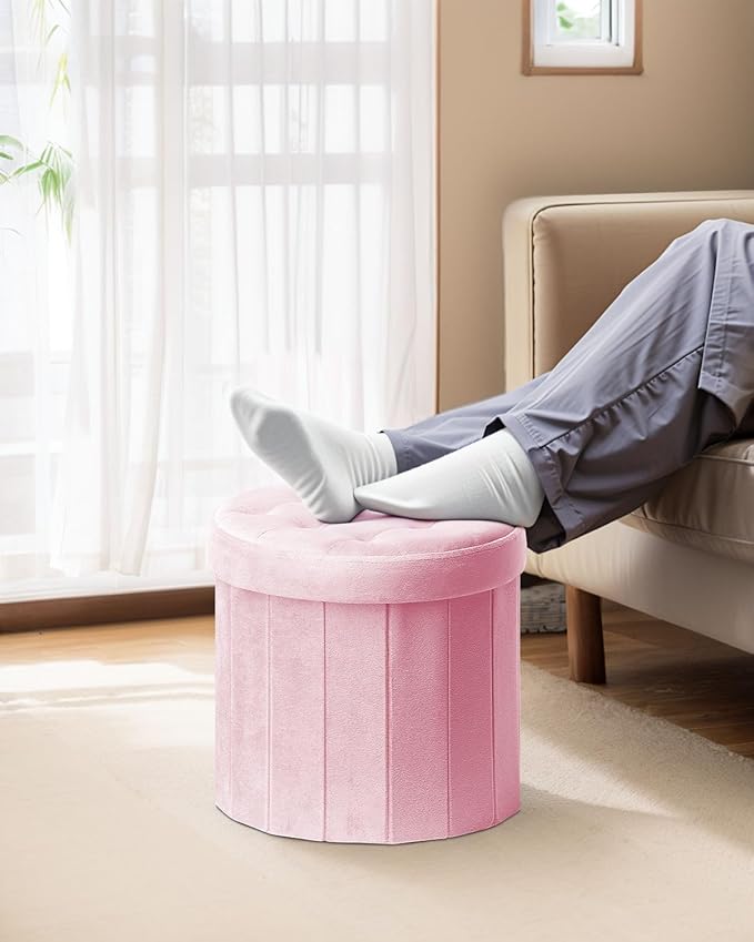 Bsketa® Folding Storage Ottoman Round 14" x 14" x 13"Inch Foot Stool with Thicker Foam Padded Seat Small Velvet Storage Ottoman Bench Foot Rest for Living Room Foldable Coffee Table(Pink)