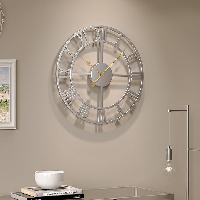 Modern Large Wall Clock, 16 inch Silver Decorative Metal Clock Silent Non Ticking, Roman Numeral Analog Battery-Operated Round Clock for Living Room, Kitchen, Bedroom, Office, Home Decor