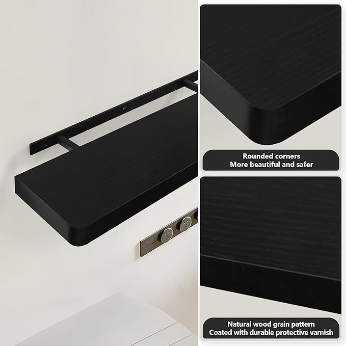 Floating Shelves for Wall, Wood Shelves with Invisible Brackets for Bathroom, Living Room, Bedroom and Kitchen, Long Wall Shelf for Books/Storage/Room Decor, 17 Inch, Set of 2, Black
