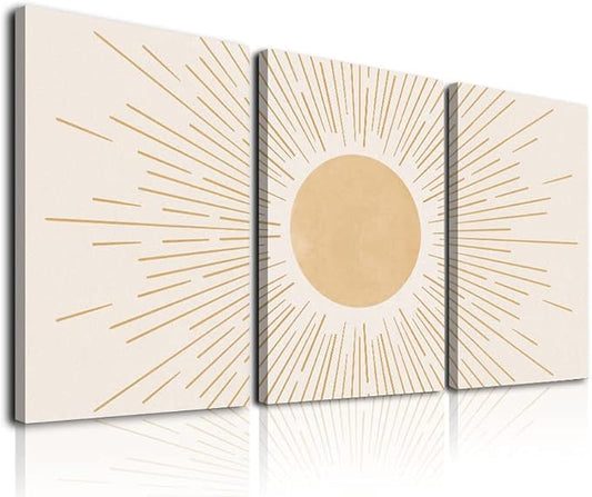 Boho Sun Wall Art Set of 3, Framed Canvas Wall Art Yellow Sun Rising Geometric Nature Illustrations Line Art Wall, Mid-Century Modern Prints Boho Sun Wall Decor for Living Room, Bedroom, Bathroom,