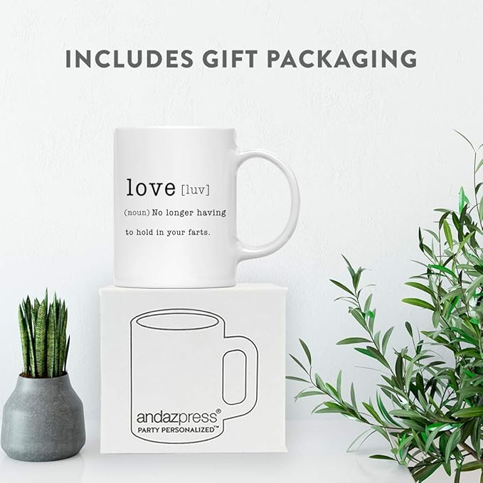 Andaz Press Valentine’s Day Funny 11oz. His Her Couples Coffee Mug Gift, Love [ Luv ] (noun) No Longer Having To Hold In Your Farts., 1-Pack, Gift Box
