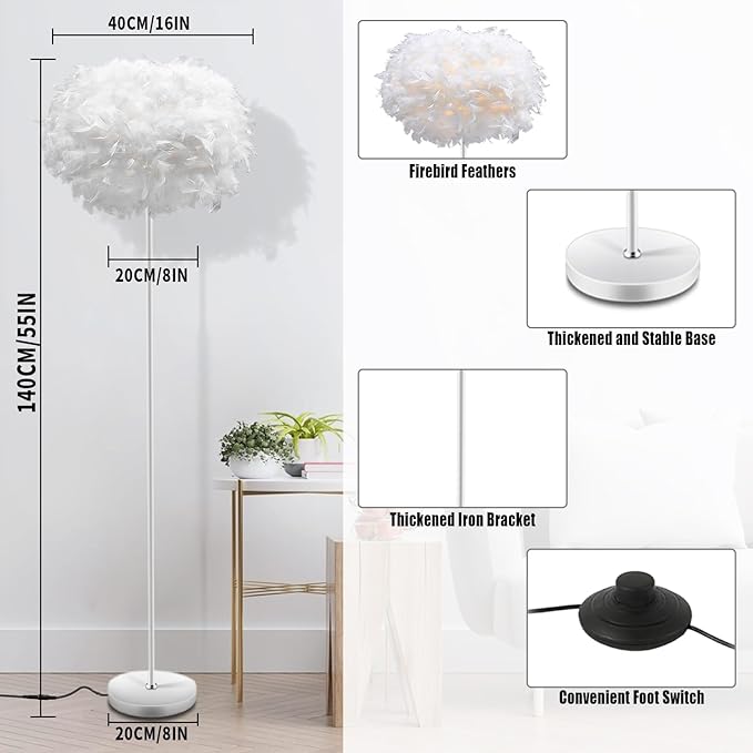 Feather Floor Lamps for Living Room, White Standing Lamp with Foot Switch, Modern Tall Lamp for Bedroom, Dining Room, Office, Corner