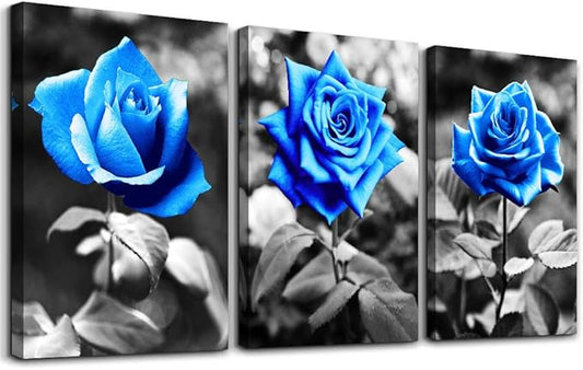 Bedroom Wall Art For Living Room Bathroom Wall Decor For Kitchen Family Pictures Artwork Black And White Blue Rose Flowers Canvas Paintings 12" X 16" 3 Pieces Framed Modern Office Home Decorations