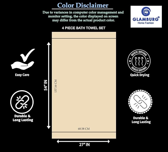 GLAMBURG Premium Cotton 4 Pack Bath Towel Set - 100% Pure Cotton - 4 Bath Towels 27x54 - Ideal for Everyday use - Ultra Soft & Highly Absorbent - Turquoise Blue