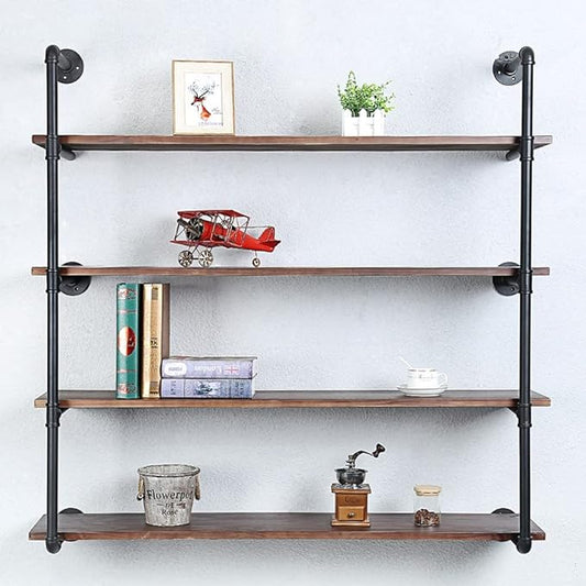 Industrial Pipe Shelving Wall Mounted,48in Rustic Metal Floating Shelves,Steampunk Real Wood Book Shelves,Wall Shelf Unit Bookshelf Hanging Wall Shelves,Farmhouse Kitchen Bar Shelving(4 Tier)