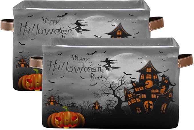 Halloween Spooky Witch Castle Storage Basket Fabric Kitchen Baskets Black Bat Ghost Pumpkin Open Home Storage Bins Boxes Foldable for Candy Toy Decorations Baskets 16×12×8 Inches