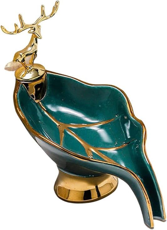 Ceramic Soap Dish, Self Draining Soap Holder Shower, Soap Bar Dishes,Creative Leaf Shape Soap Tray with Gold Plastic Deer for Bathroom, Kitchen, Sink, Countertop, Easy to Clean (Green)