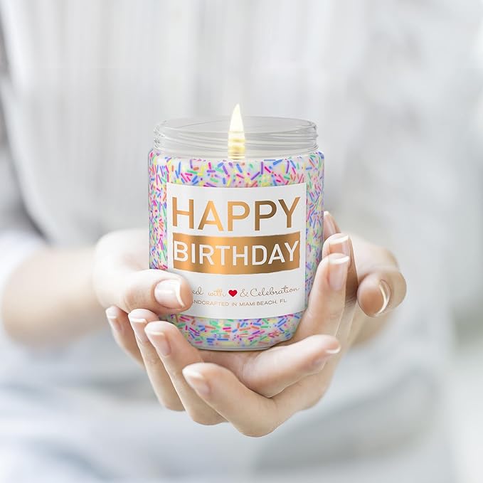 Happy Birthday Candle - Vanilla Birthday Cake Scent with Sprinkles Cute Birthday Gifts for Women Ideas, Made in USA, 9 oz - Cool Unique Bday Gift for Her, Best Friend, Men