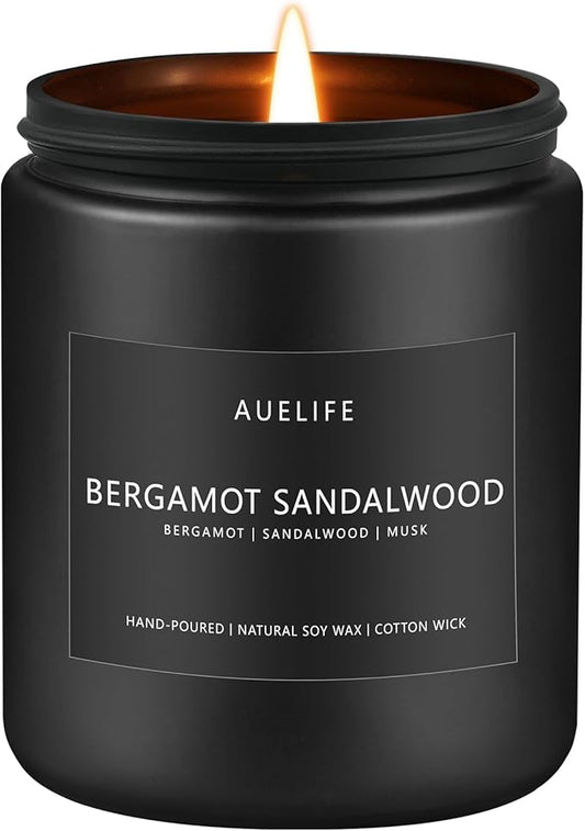 Bergamot Sandalwood Candle for Men | Masculine Scented Soy Candles for Fathers Day - Home Fragrance, Aromatherapy Gifts for Dad - 7oz Black Jar, Long-Lasting Luxury Decor