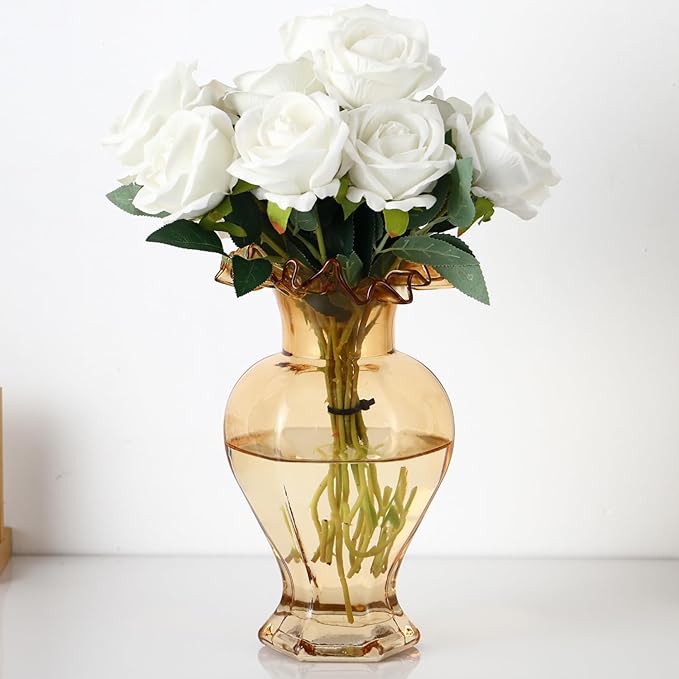 Large Glass Vase, Amber Vase for Flowers, Flower Vases for Bouquet, Glass Flower Vases for Living Room, Dining Table, Shelf, Wedding, Office, Coffee Table, 9.5 Inches