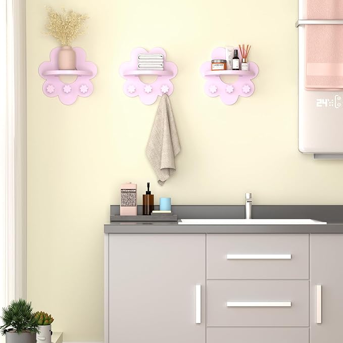 Floating Shelf for Wall, Hanging Display Wall Shelf with Hooks Wooden Daisy Flower Shelf for Bathroom Living Room Bedroom Wall Decor, Pink