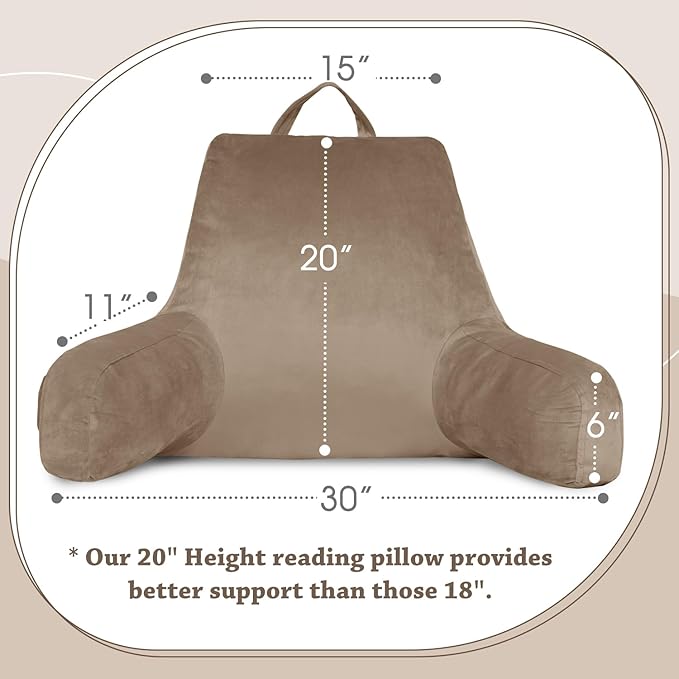 LOVTEX Reading Pillow with Removable Cover, Back Pillow for Sitting Up in Bed with Arms and Pockets, Bed Rest Pillow Adult, 20 x 15 Inches(Brown)