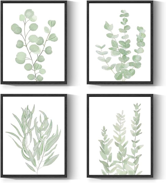 Drsoum Framed Botanical Plant Canvas Wood Wall Art Light Green Sage Wall Decor Eucalyptus Leaf Picture for Home 8”x 10” x 4pcs Black Framed