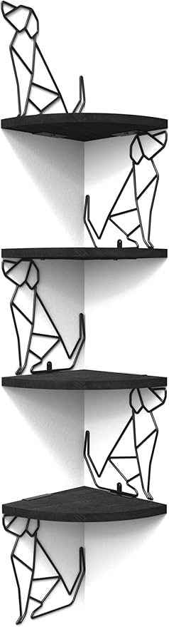Alsonerbay Black Corner Shelf Wall Mount, 4 Tier Floating Shelves for Wall Storage, Rustic Wall Shelves Wood Shelves for Bedroom, Living Room, Bathroom, Entryway, Garage (Dog Shaped)