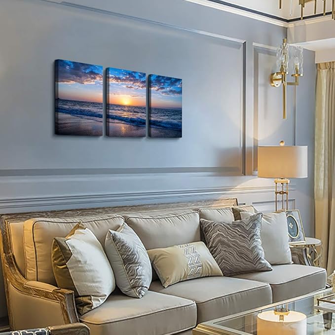 hyidecorart 3 Piece Canvas Wall Art -Sunrise blue sea view Landscape - Modern Home Decor Room Stretched and Framed Ready to Hang - 12"x16"x3 Panels