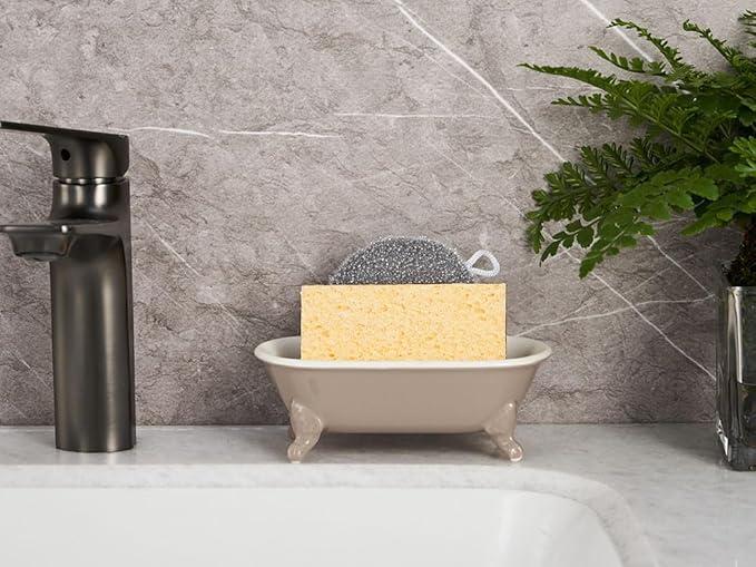 6.5" Ceramic Mini Decorative Clawfoot Bathtub Bar Soap Dish, Kitchen Sponge Holder and Shower Tray for Bathroom, 1 Pack(Taupe)