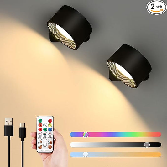 Lightess 2PC LED Wall Sconces, 19 Colors Dimmable Wall Mounted Lamp with Rechargeable Battery Operated USB, 360°Rotate Magnetic Ball, Touch & Remote Control, Cordless Wall Light for Reading Bedside