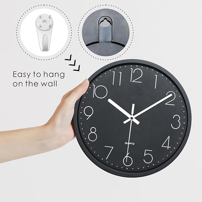Plumeet 10'' Wall Clock, Bedroom Wall Clocks Battery Operated, Silent Quartz Small Clock Decorate Kitchen Living Room, 3D Numbers Display Easy to Read, Black