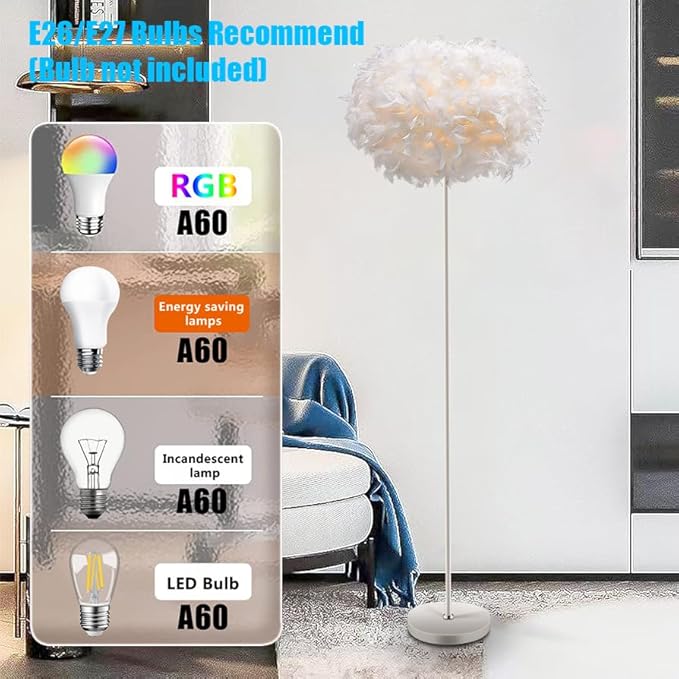 Feather Floor Lamp,Floor Lamps for Living Room,Home Office Bedroom Decor,Floorlamp with White Lampshade,Modern Tall Standing Lamp for Dinningroom,Behind Couch,Girls'room,Corner
