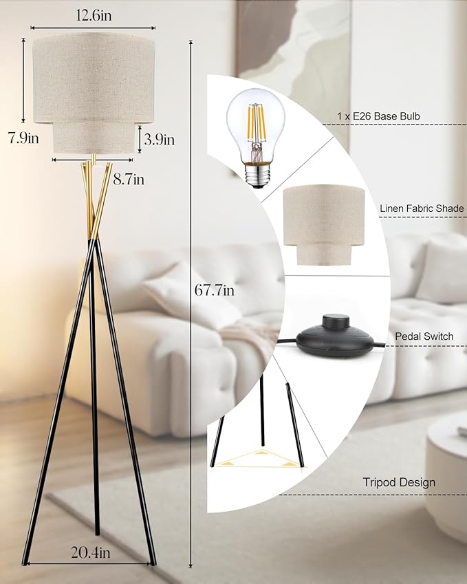 Lightdot Glod &Black Tripod Floor Lamp, Modern Floor Lamps for Living Room, Standing Lamp with Double Linen Shade, E26 Bulb Included, 67.7" Tall Floor Lamp for Bedroom, Home Office