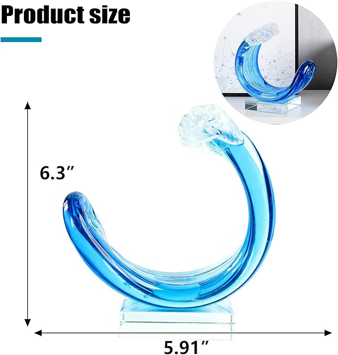 Hand-Blown Glass Wave Decor Murano-Style Glass Statue and Figurine