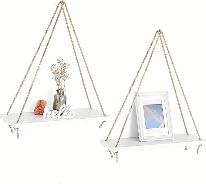 Boho Decor Hanging Shelf, Storage Display Shelves for Hanging Plants Photos, Rustic Wood Floating Shelves for Nursery Bedroom Bathroom Living Room, Wall Decor (Brown)