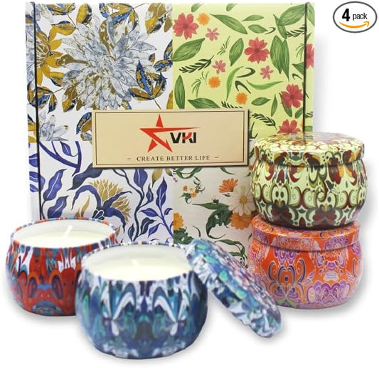 VKI Handmade Soy Wax Candle Set of 4,Sage Fig Garedenia Mahogany Teak,25 Hours Burn Time Each Ideal for Air Freshening,Relaxation and Gifting Perfect Home Fragrance Gift