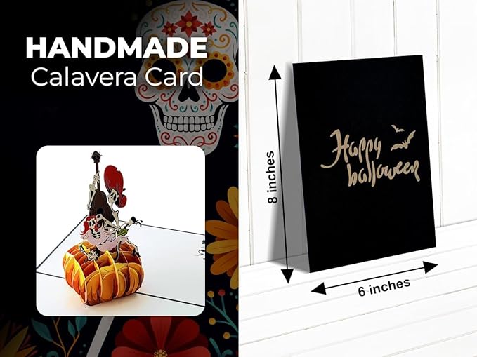 iGifts And Cards Day of the Dead Pop-Up Card – 3D Música de Calacas on Pumpkin – 6" × 8" Laser-Cut Greeting for Día de los Muertos, Remembrance & Celebration