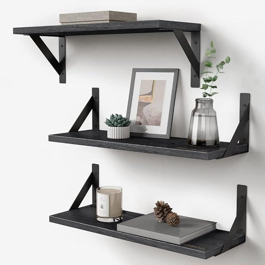 Forbena Black Floating Shelves Bathroom Set of 3, Wooden Wall Book Shelves, Rustic Shelf for Storage, Bathroom Organizer, Living Room, Kitchen, Office (Black)
