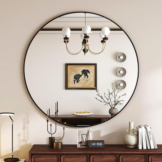 Black Round Mirror, 24 Inch Bathroom Mirror with Metal Frame, Wall Wall-Mounted for Entryway, Bathroom, Vanity, Living Room