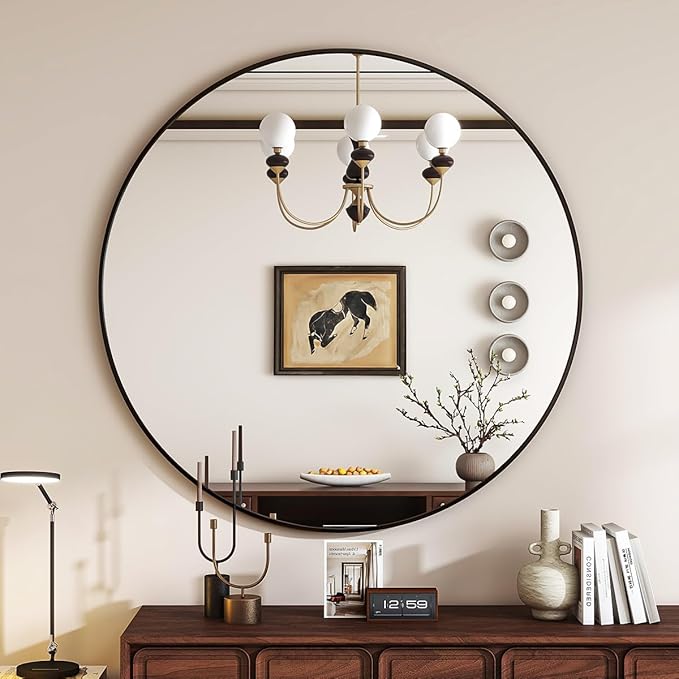 Black Round Mirror, 18 Inch Bathroom Mirror with Metal Frame, Wall Wall-Mounted for Entryway, Bathroom, Vanity, Living Room