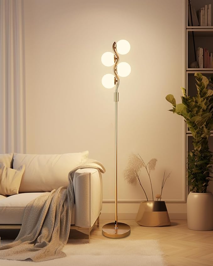 60IN Dimmable (Brightness Adjustable) Gold Floor Lamp, Modern Standing Lamps with 4 Globe Soft Warm White 3000K Bulbs, Mid Century Floor Lamp for Living Room Bedroom Home Decor