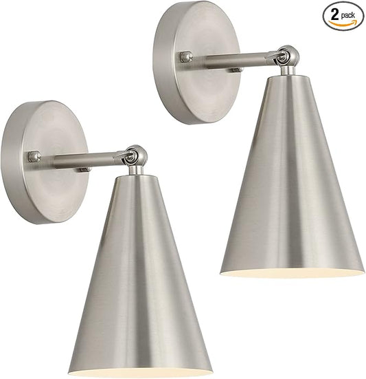MWZ Brushed Nickel Wall Sconce Set of Two, Modern Sconces Wall Lighting Fixtures with Silver Metal Shade, Indoor Wall Mount Swing Arm Lamp for Bedroom,Bedside,Bar,Kitchen,Hallway