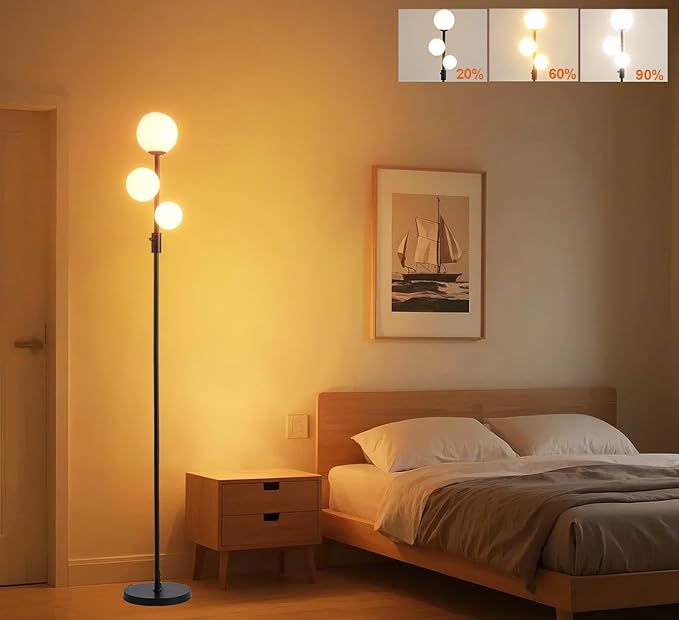 Fiqevs Upgraded Dimmable 3 Globe Mid Century Modern Floor Lamp, 3 x 800LM LED Bulbs Included, Matt Black Standing Lamp with Sphere Glass Shade, Vintage Tall Lamp for Living Room, Bedroom Office