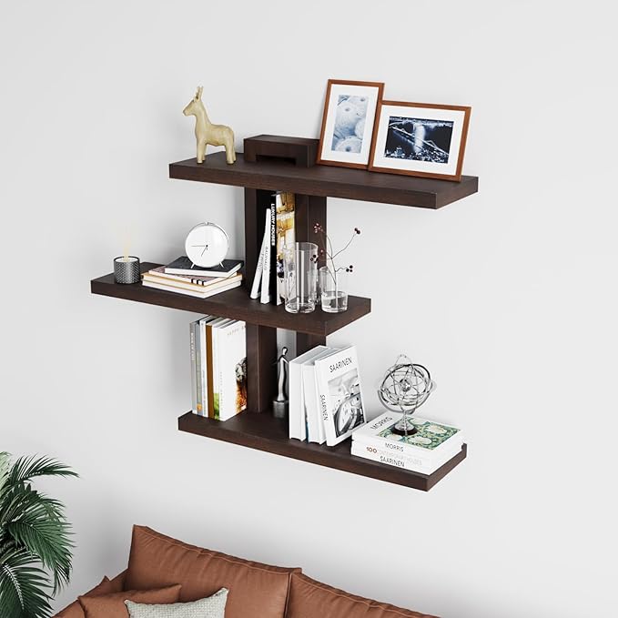 Variable Wood Floating Shelves Set of 3, Wall Cube Shelves 28.35" Max, Wall Shelves for Living Room Bathroom Bedroom - Dark Walnut Color - 28.35" x 23" x 5.9" Max