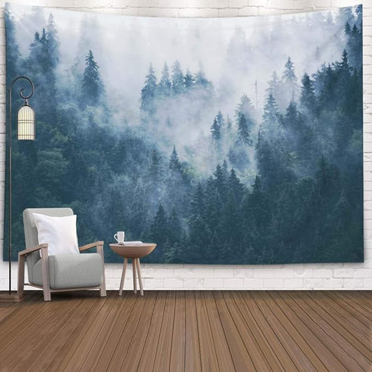 EMMTEEY Tapestry Wall Hanging, Tapestries Décor Living Room Bedroom for Home Inhouse by Printed 92.5X70.9 Inches for Misty Foggy Mountain Landscape Fir in Hipster Vintage Retro Style