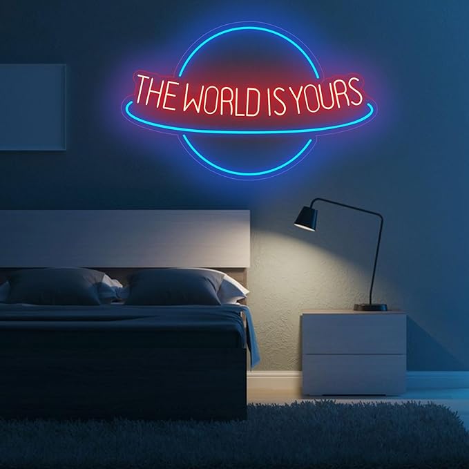 The World is Yours Neon Sign Planet LED Neon Light for Wall Decor Dimmable Blue Light Up Signs for Man Cave Beer Bar Wedding Game Room Bedroom Birthday Party Decor Gift
