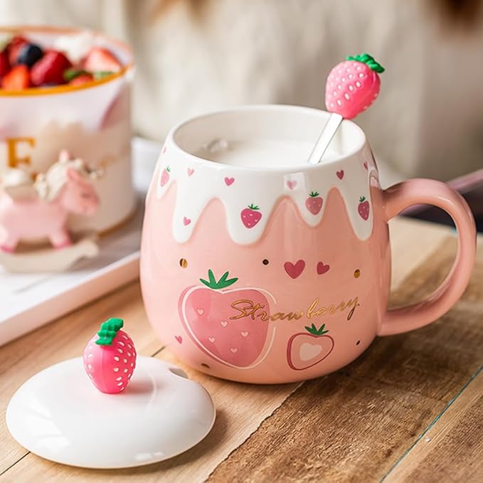 Pink Mug,Kawaii Strawberry Cup,Cute Ceramic Coffee mug with Lid and Lovely Spoon,Sweet Coaster,Novelty Morning Cup, Christmas Birthday Gift Cute Thing Korean Mug for girls women (Big Strawberry)